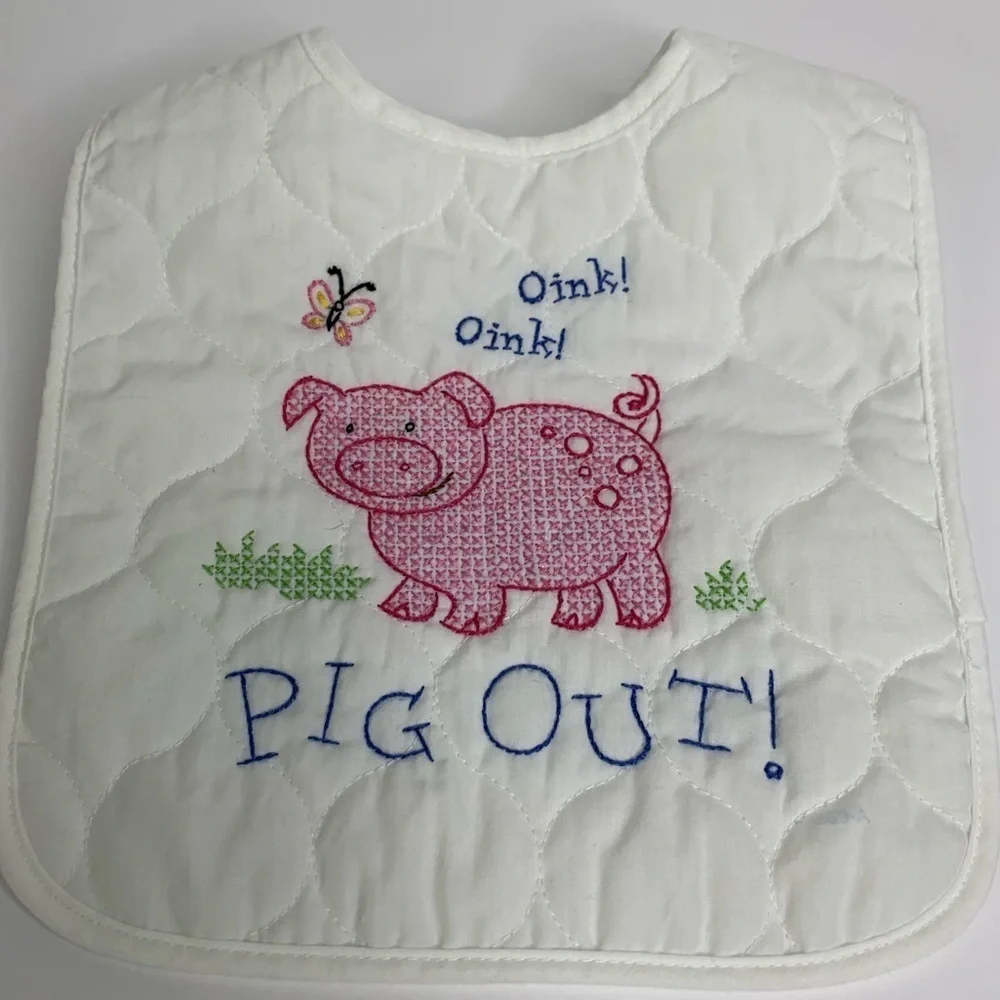 Oink Oink PIG OUT Handcrafted Cross Stitch Pink Pig’s Expression Above White Bib